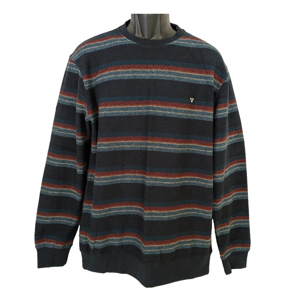 Vissla Men’s LG Pullover Crewneck Black Teal Striped Cotton Blend Sweater